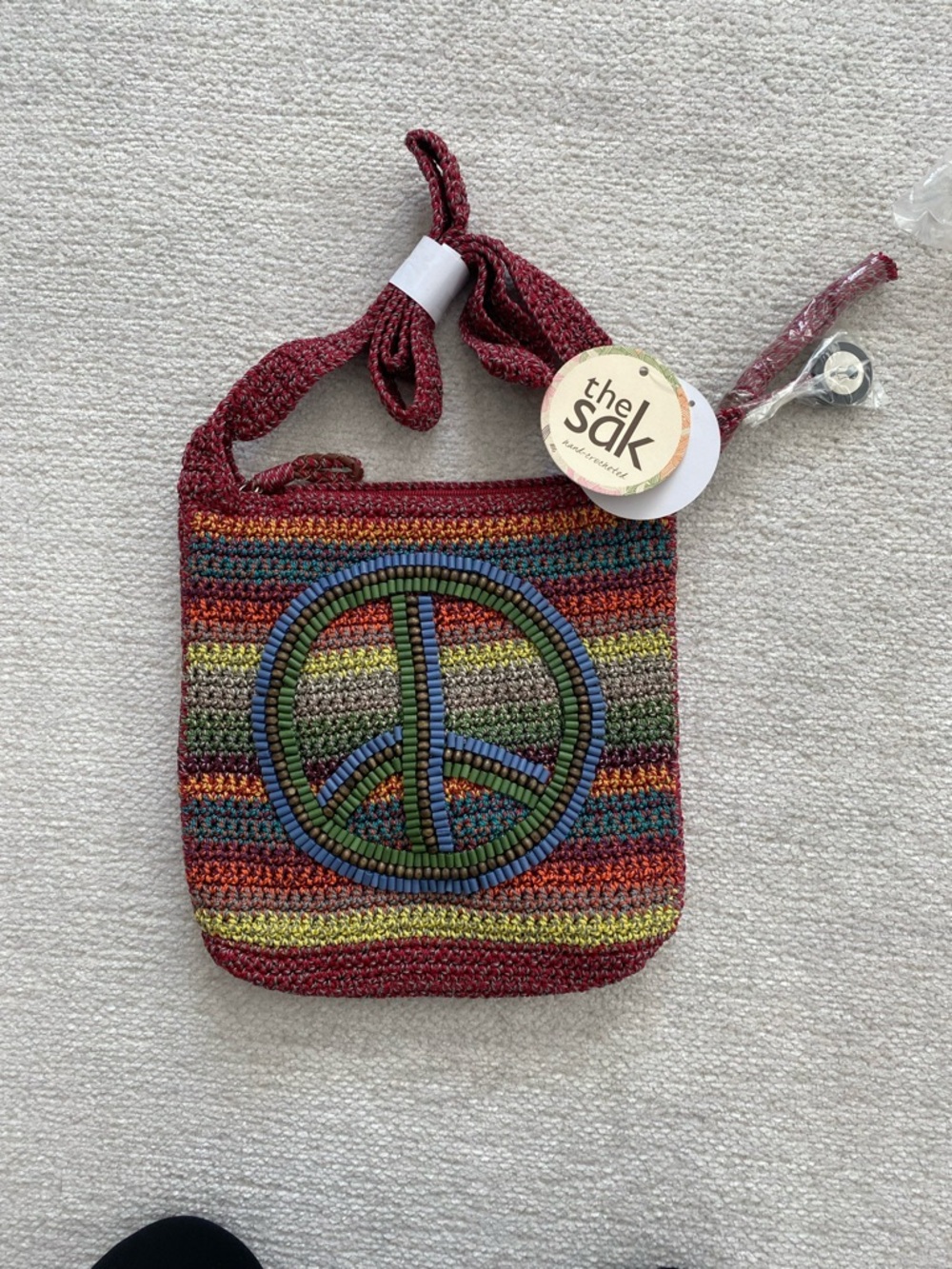 The Sak Red Brand New Multicolor Beaded Peace Sign Crossbody